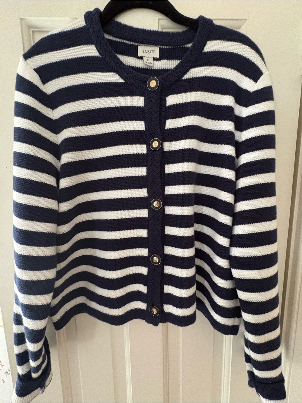 J. Crew Navy and White Striped Cardigan with Gold Buttons